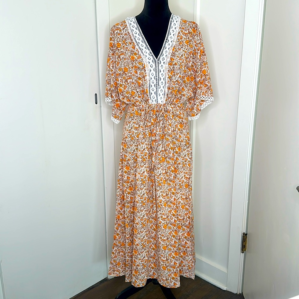 Rusty dusty floral kimono sleeve lace trim bohemian maxi dress size M